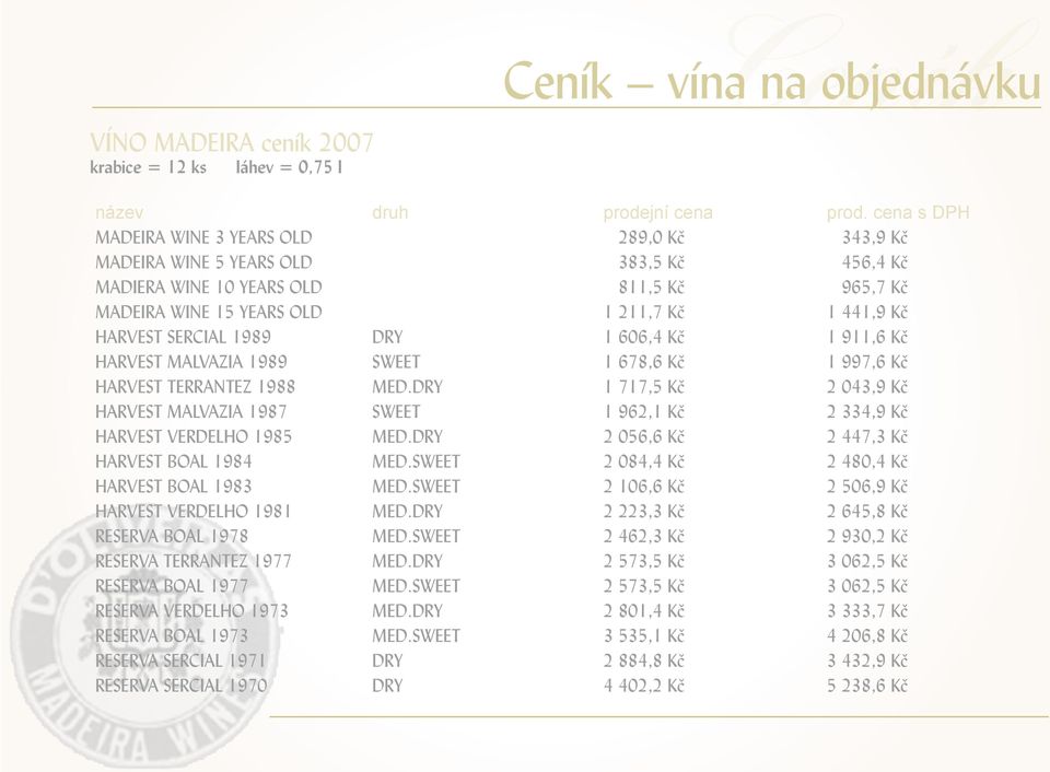 SERCIAL 1989 DRY 1 606,4 Kč 1 911,6 Kč HARVEST MALVAZIA 1989 SWEET 1 678,6 Kč 1 997,6 Kč HARVEST TERRANTEZ 1988 MED.