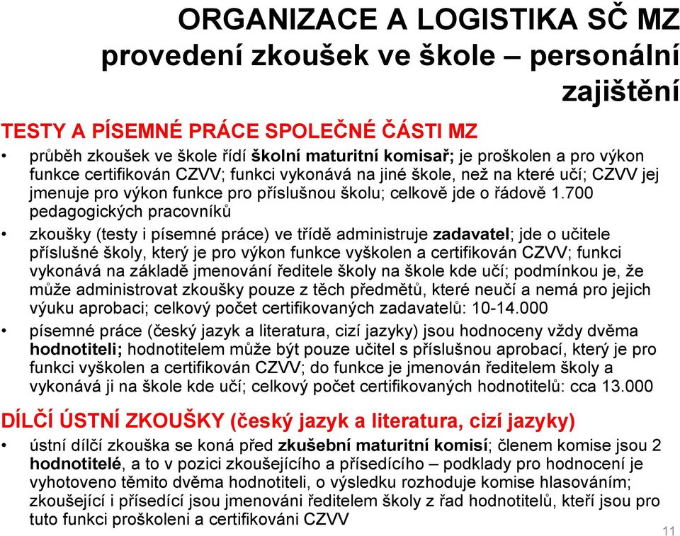 700 pedagogických pracovníků zkoušky (testy i písemné práce) ve třídě administruje zadavatel; jde o učitele příslušné školy, který je pro výkon funkce vyškolen a certifikován CZVV; funkci vykonává na