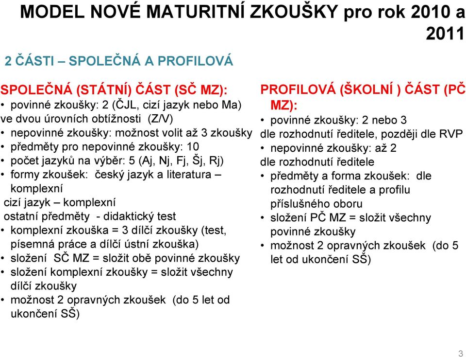 předměty - didaktický test komplexní zkouška = 3 dílčí zkoušky (test, písemná práce a dílčí ústní zkouška) složení SČ MZ = složit obě povinné zkoušky složení komplexní zkoušky = složit všechny dílčí