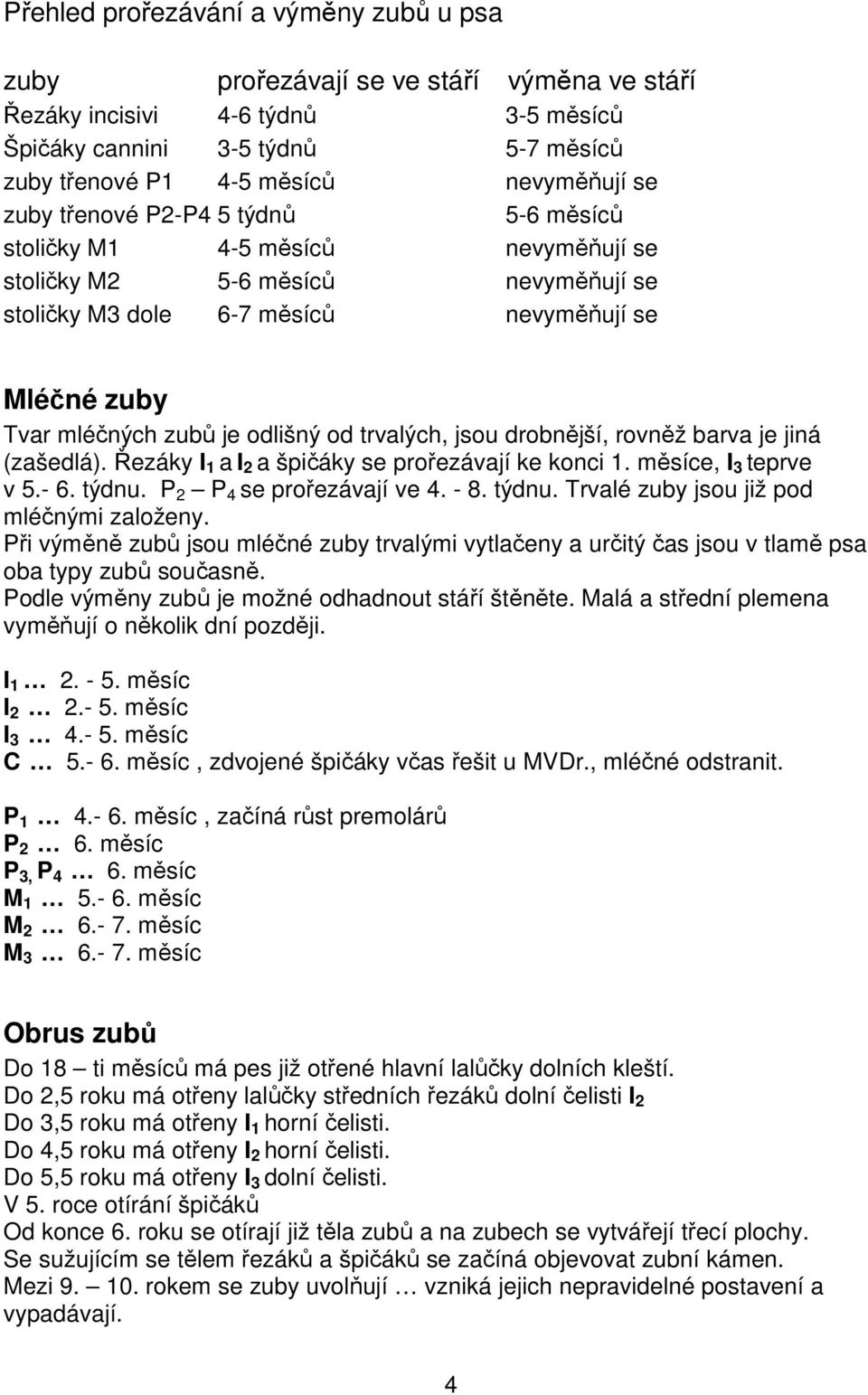 trvalých, jsou drobnější, rovněž barva je jiná (zašedlá). Řezáky I 1 a I 2 a špičáky se prořezávají ke konci 1. měsíce, I 3 teprve v 5.- 6. týdnu. P 2 P 4 se prořezávají ve 4. - 8. týdnu. Trvalé zuby jsou již pod mléčnými založeny.