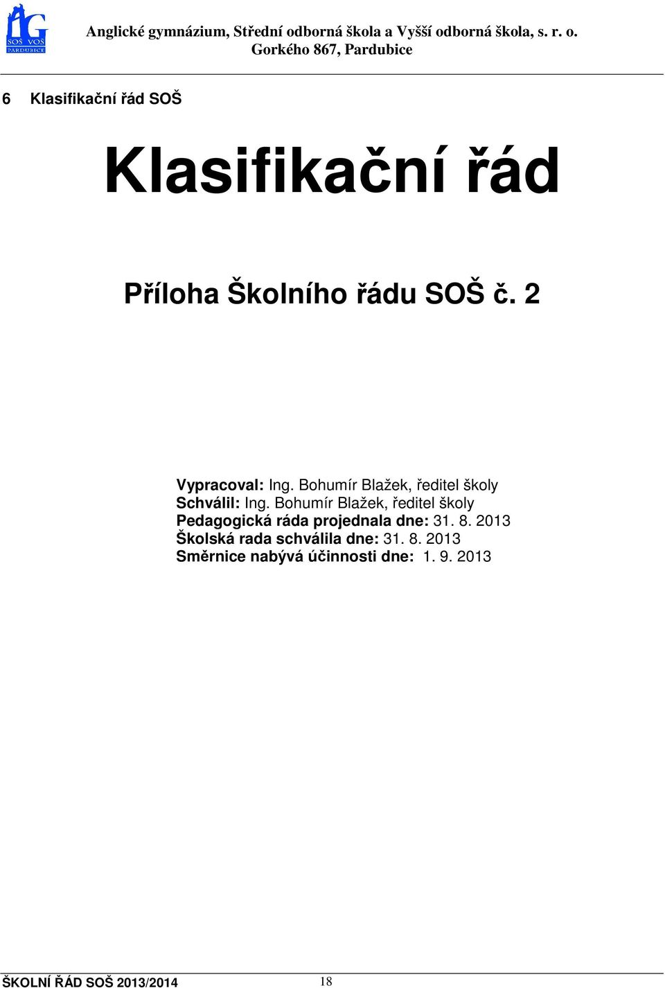 Bohumír Blažek, ředitel školy Pedagogická ráda projednala dne: 31. 8.