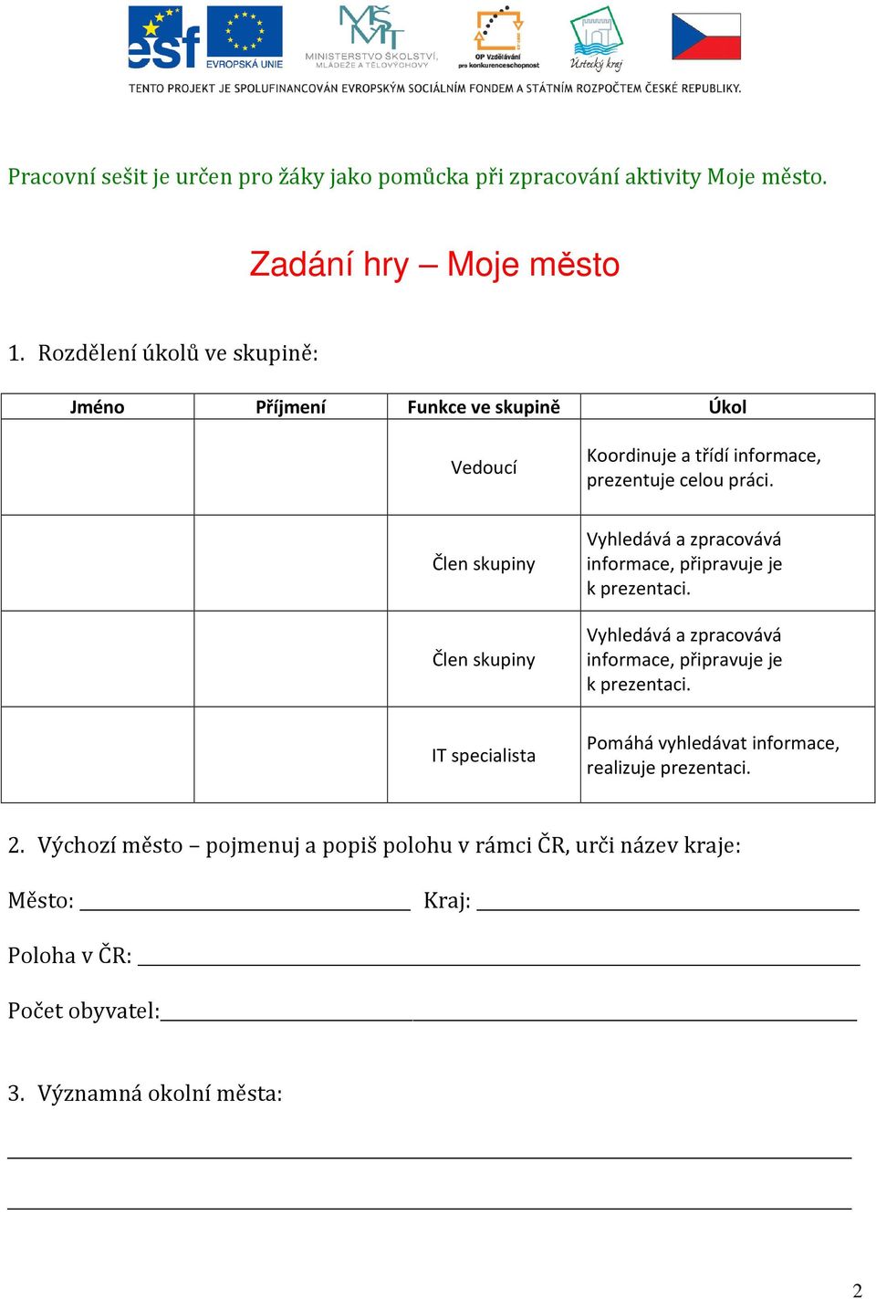 Člen skupiny Člen skupiny Vyhledává a zpracovává informace, připravuje je k prezentaci.