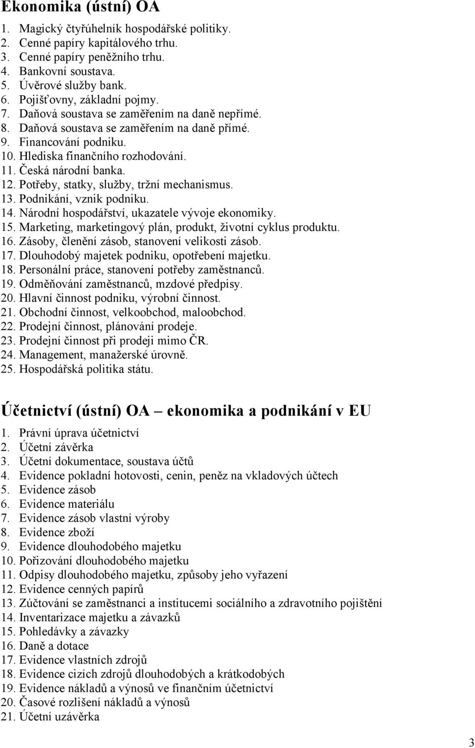 Česká národní banka. 12. Potřeby, statky, služby, tržní mechanismus. 13. Podnikání, vznik podniku. 14. Národní hospodářství, ukazatele vývoje ekonomiky. 15.