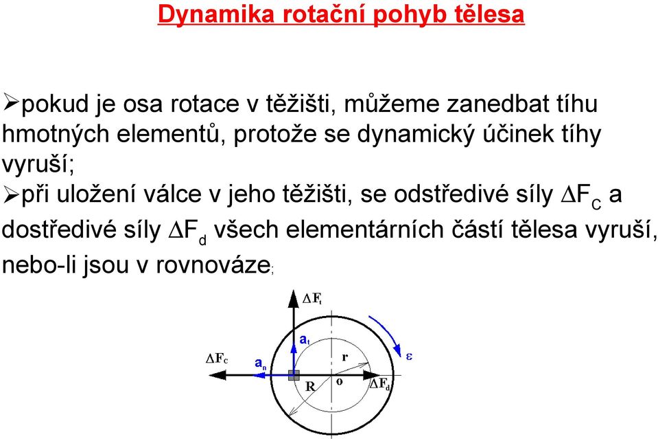 vyruší; při uložení válce v jeho těžišti, se odstředivé síly F C a