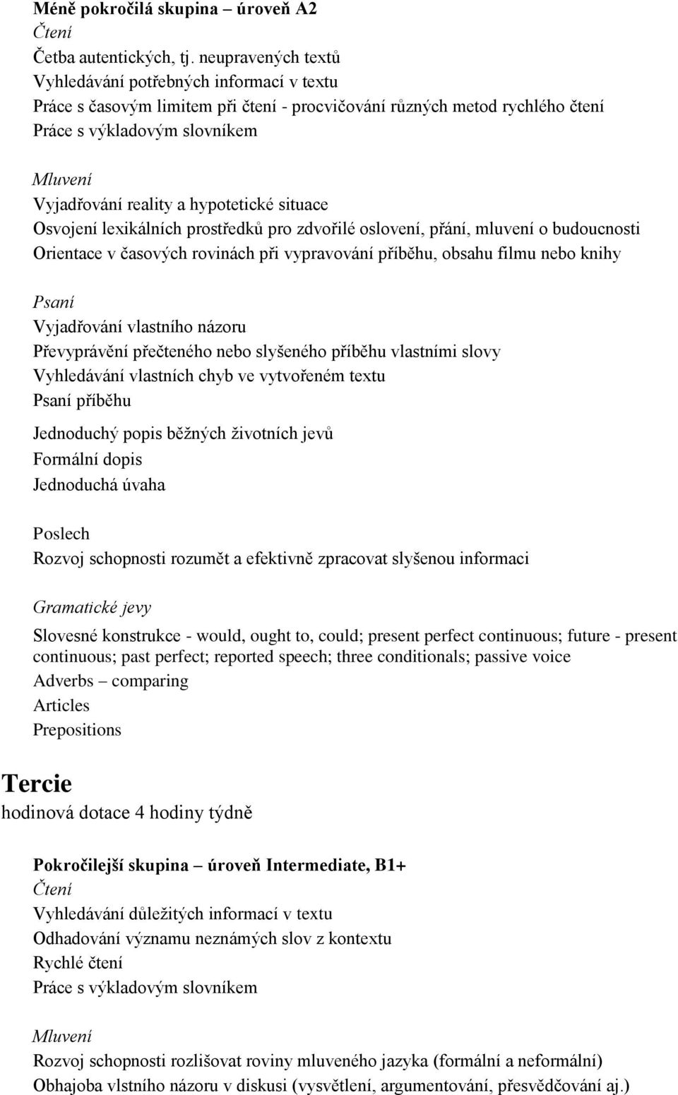 hypotetické situace Osvojení lexikálních prostředků pro zdvořilé oslovení, přání, mluvení o budoucnosti Orientace v časových rovinách při vypravování příběhu, obsahu filmu nebo knihy Vyjadřování