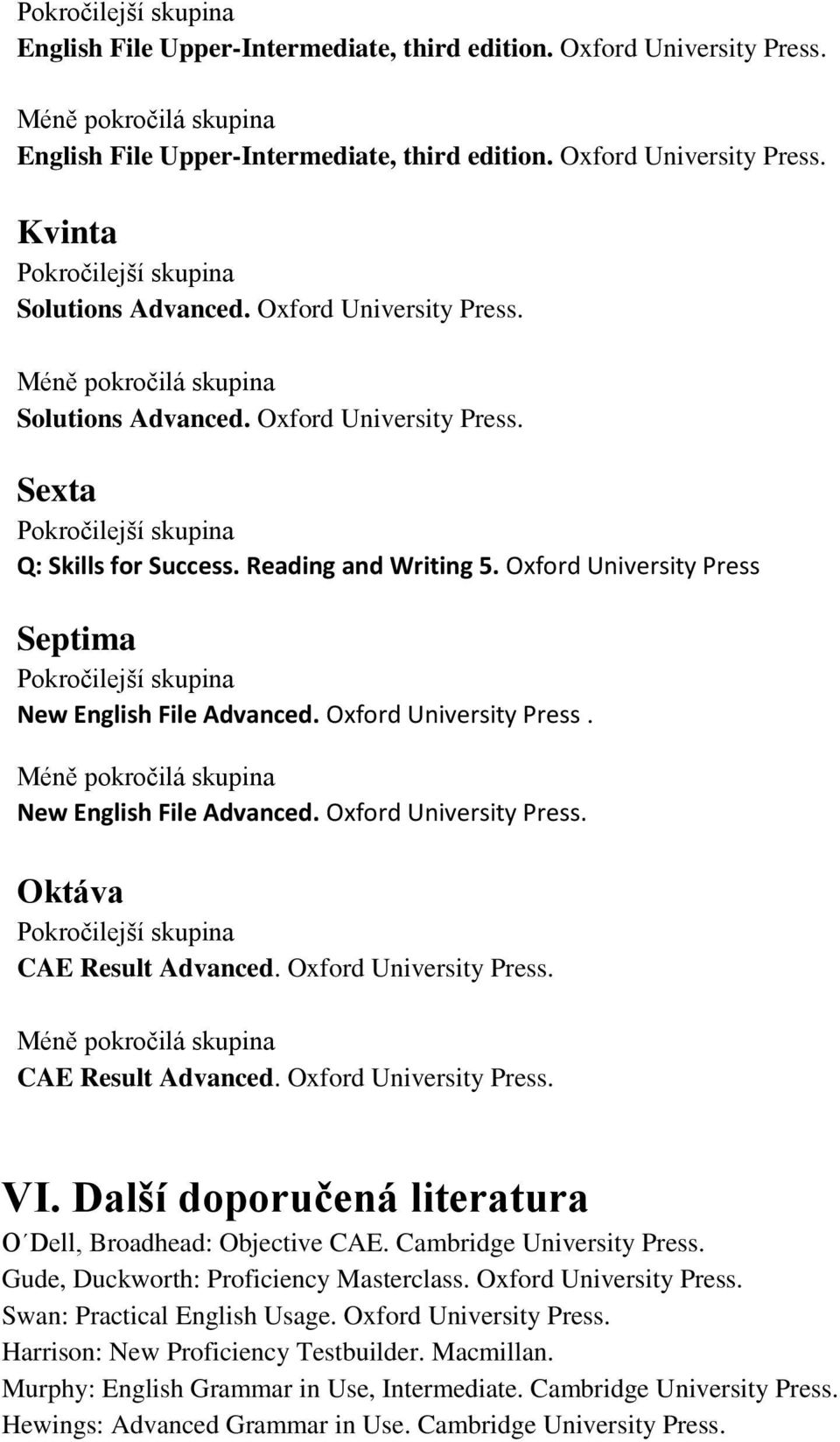 Oxford University Press. CAE Result Advanced. Oxford University Press. VI. Další doporučená literatura O Dell, Broadhead: Objective CAE. Cambridge University Press.