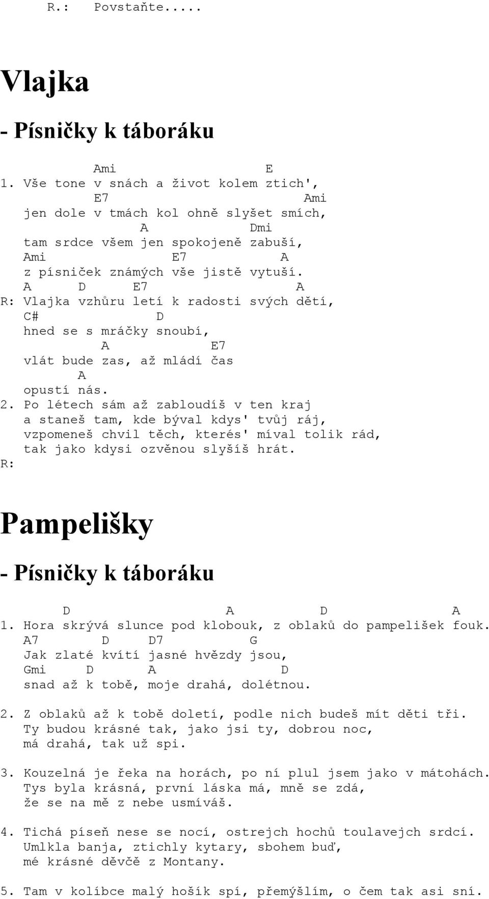 Po létech sám až zabloudíš v ten kraj a staneš tam, kde býval kdys' tvůj ráj, vzpomeneš chvil těch, kterés' míval tolik rád, tak jako kdysi ozvěnou slyšíš hrát. R: Pampelišky 1.