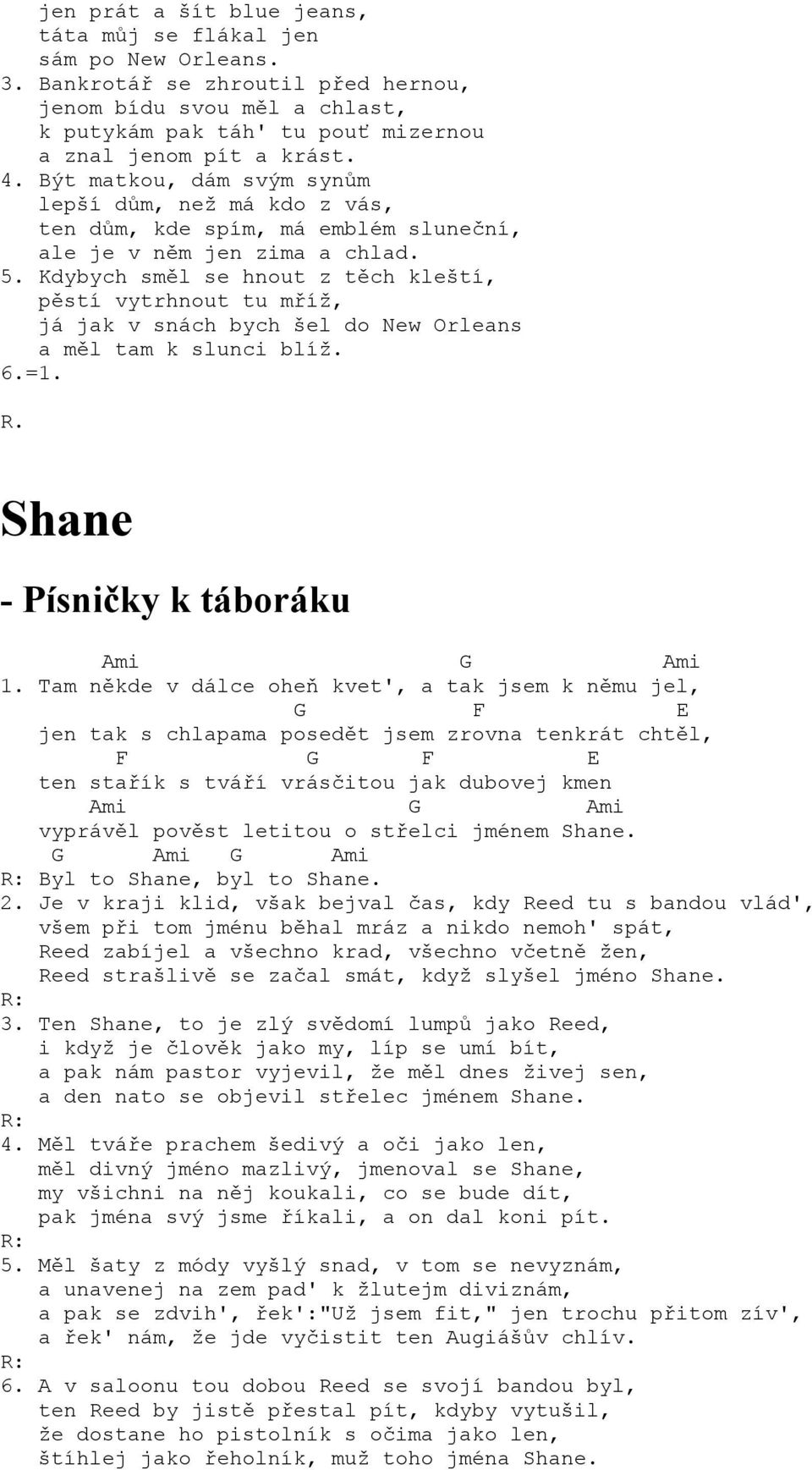 Kdybych směl se hnout z těch kleští, pěstí vytrhnout tu mříž, já jak v snách bych šel do New Orleans a měl tam k slunci blíž. 6.=1. R. Shane mi mi 1.