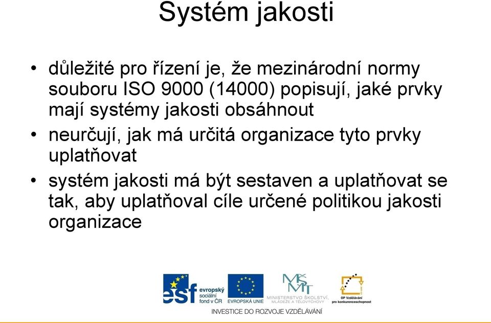 jak má určitá organizace tyto prvky uplatňovat systém jakosti má být