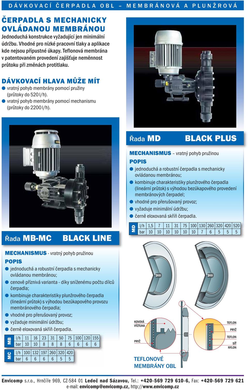 vratný pohyb membrány pomocí mechanismu (průtoky do 2200 l/h).