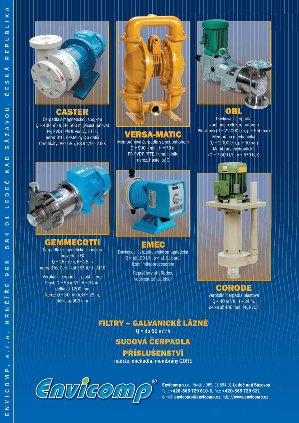 Certifikáty: API-685, ES 94/9 ATEX GEMMECOTTI Čerpadla s magnetickou spojkou provedení EX Q = 26 m 3 /h, H= 25 m nerez 316, Certifikát ES 94/9 - ATEX Vertikální čerpadla plast, nerez Plast: Q = 55 m