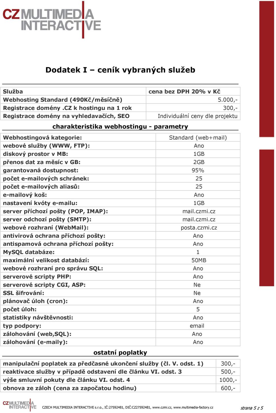 (WWW, FTP): diskový prostor v MB: 1GB přenos dat za měsíc v GB: 2GB garantovaná dostupnost: 95% počet e-mailových schránek: 25 počet e-mailových aliasů: 25 e-mailový koš: nastavení kvóty e-mailu: 1GB