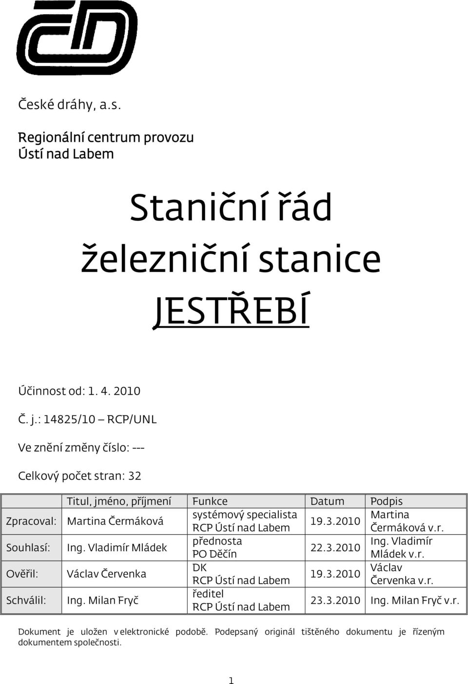 systémový specialista 19.3.2010 Martina RCP Ústí nad Labem Čermáková v.r. Ing. Vladimír Mládek přednosta Ing. Vladimír 22.3.2010 PO Děčín Mládek v.r. Václav Červenka DK 19.3.2010 Václav RCP Ústí nad Labem Červenka v.