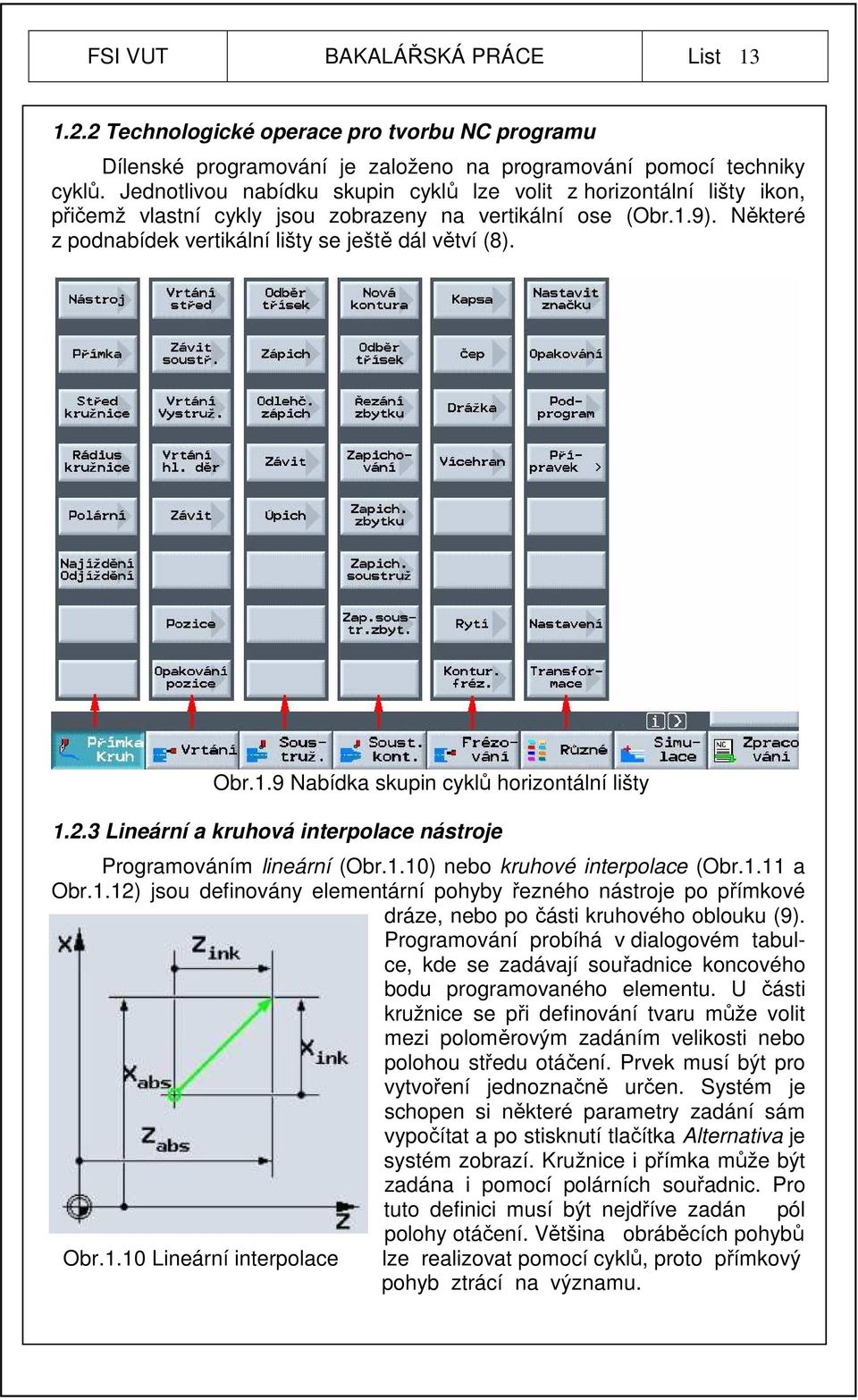 Obr.1.9 Nabídka skupin cyklů horizontální lišty 1.2.3 Lineární a kruhová interpolace nástroje Programováním lineární (Obr.1.10) nebo kruhové interpolace (Obr.1.11 a Obr.1.12) jsou definovány elementární pohyby řezného nástroje po přímkové dráze, nebo po části kruhového oblouku (9).