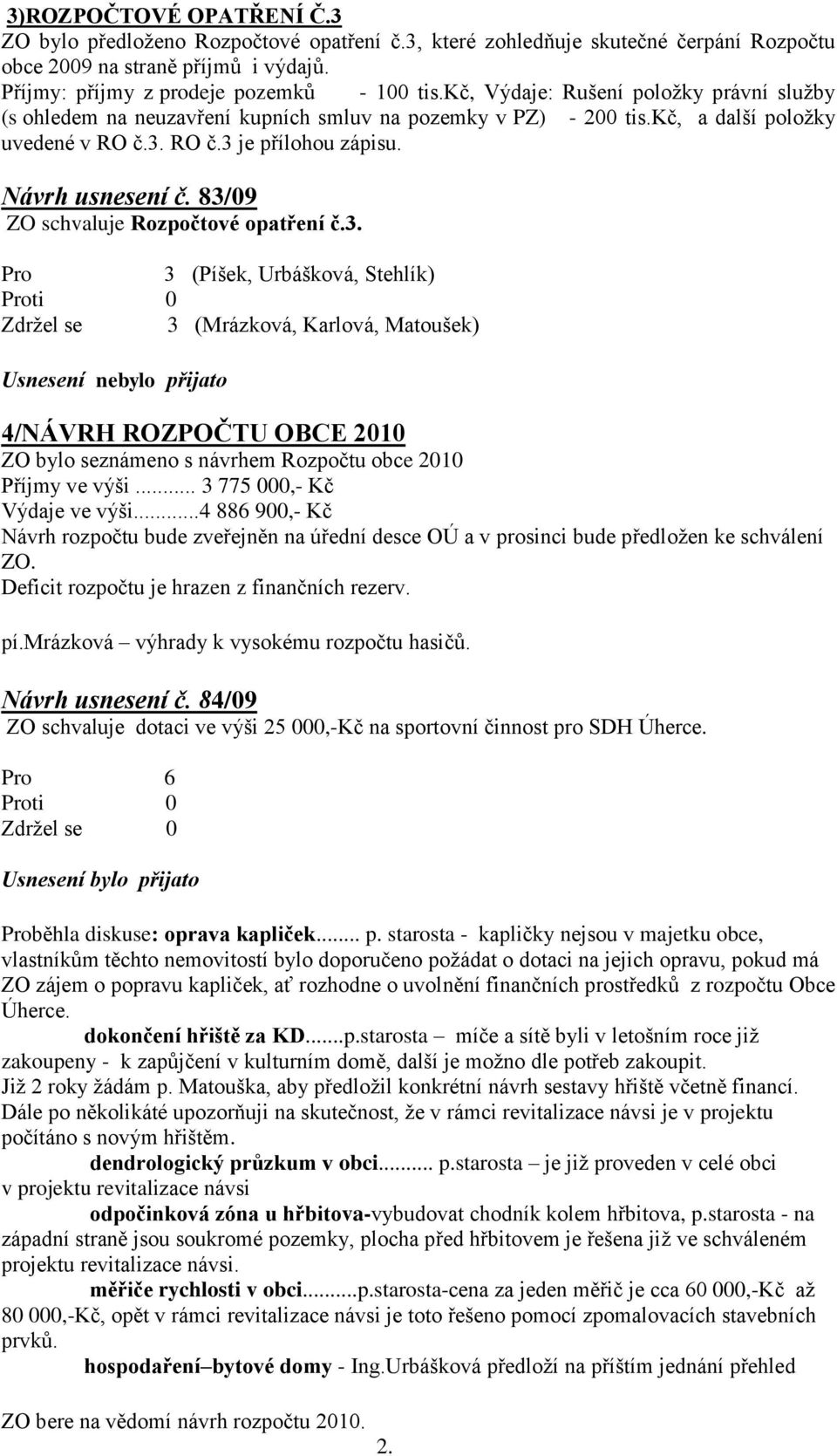 83/09 ZO schvaluje Rozpočtové opatření č.3. Pro 3 (Píšek, Urbášková, Stehlík) Zdržel se 3 (Mrázková, Karlová, Matoušek) Usnesení nebylo přijato 4/NÁVRH ROZPOČTU OBCE 2010 ZO bylo seznámeno s návrhem Rozpočtu obce 2010 Příjmy ve výši.