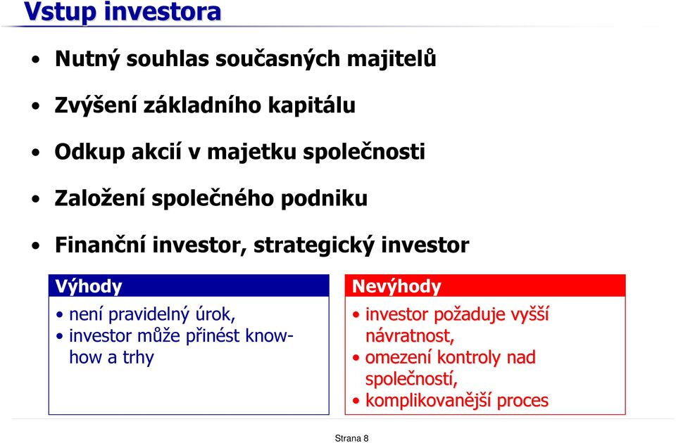 investor Výhody není pravidelný úrok, investor může přinést knowhow a trhy Nevýhody