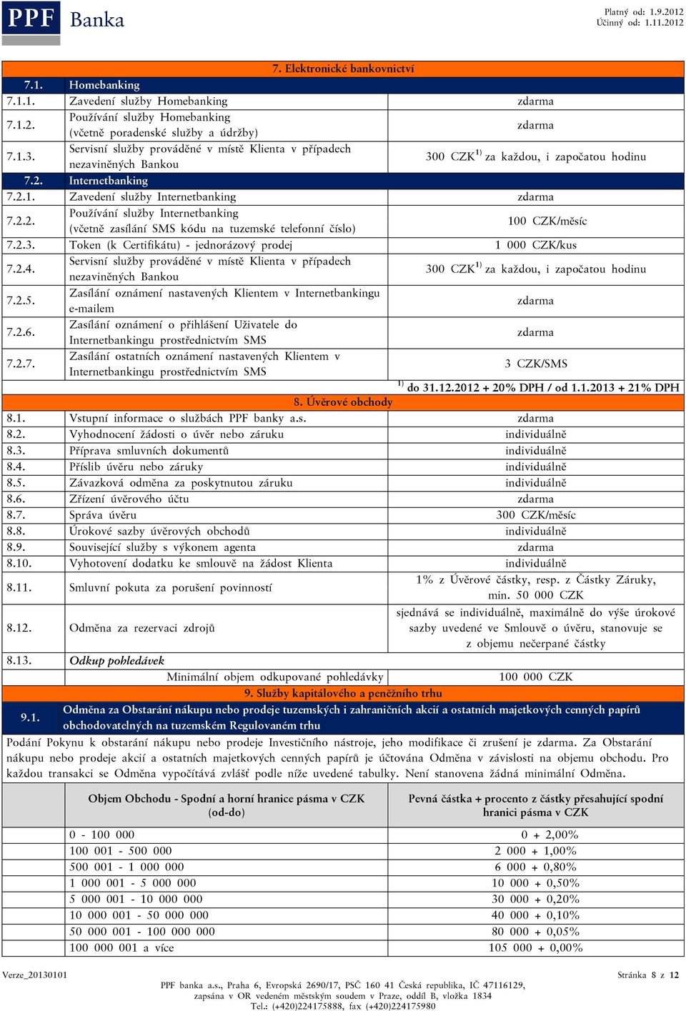 Internetbanking 7.2.1. Zavedení služby Internetbanking 7.2.2. Používání služby Internetbanking (včetně zasílání SMS kódu na tuzemské telefonní číslo) 100 CZK/měsíc 7.2.3.