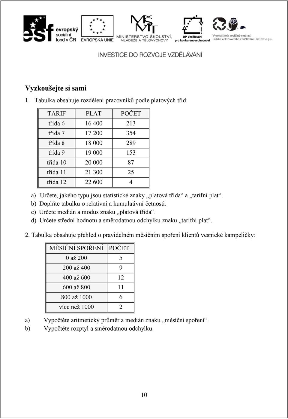 300 25 třída 12 22 600 4 a) Určete, jaého typu jsou statstcé zay platová třída a tarf plat. b) Doplňte tabulu o relatví a umulatví četost. c) Určete medá a modus zau platová třída.