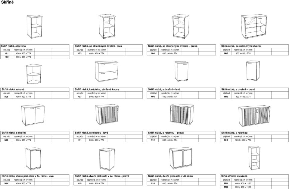 N08 400 x 400 x 774 N09 400 x 400 x 774 Skříň nízká, s dveřmi Skříň nízká, s roletkou - levá Skříň nízká, s roletkou pravá Skříň nízká, s roletkou N10 800 x 400 x 774 N11 800 x 400 x 774 N12 800 x