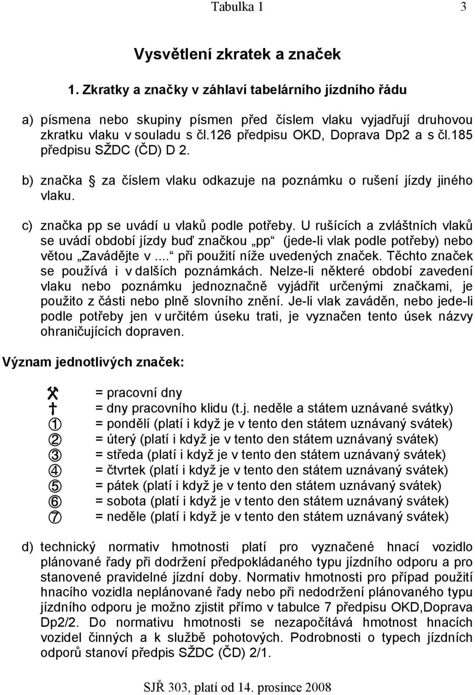 U rušících a zvláštních vlaků se uvádí období jízdy buď značkou pp (jede-li vlak podle potřeby) nebo větou Zavádějte v... při použití níže uvedených značek.