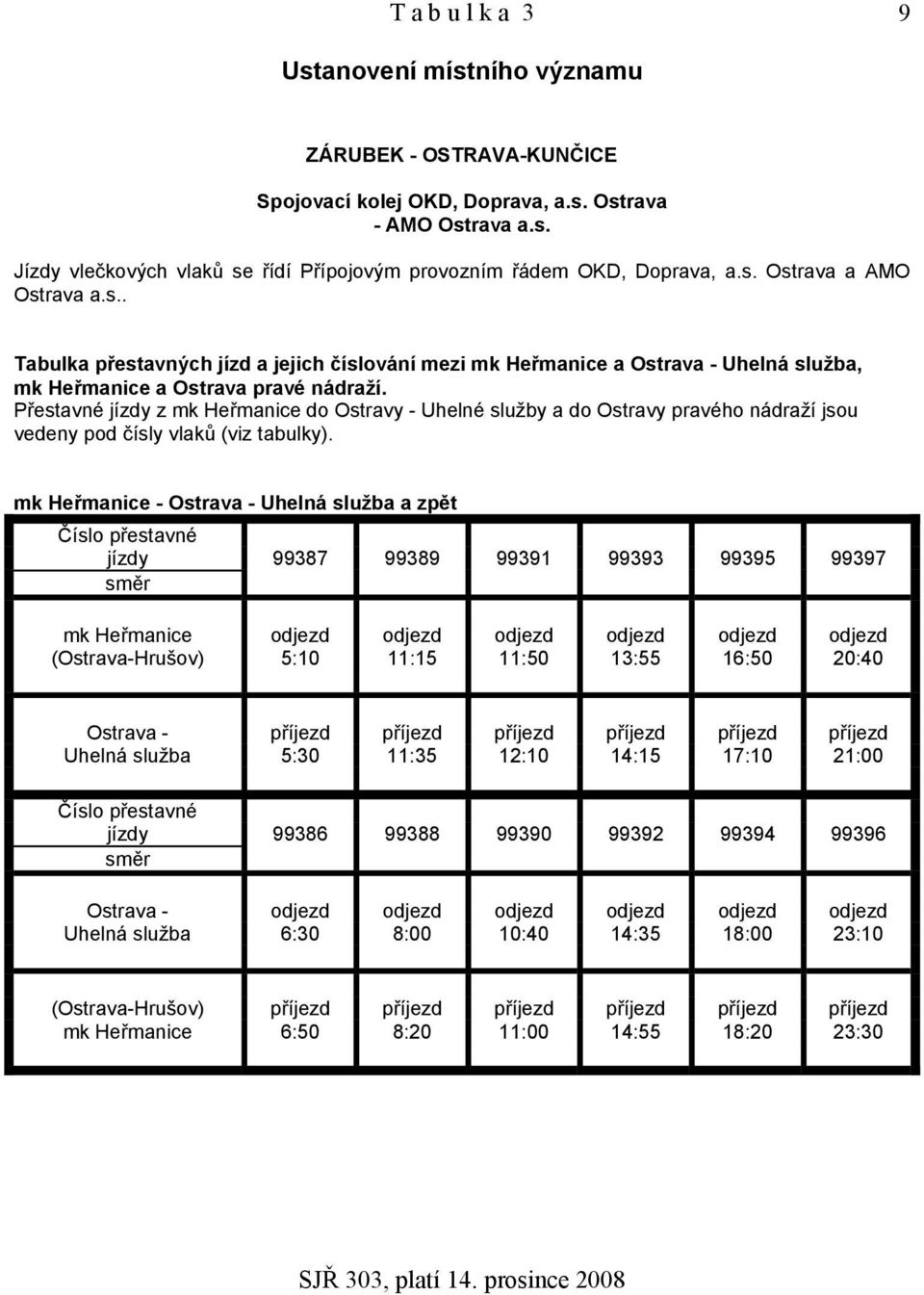 Přestavné jízdy z mk Heřmanice do Ostravy - Uhelné služby a do Ostravy pravého nádraží jsou vedeny pod čísly vlaků (viz tabulky).