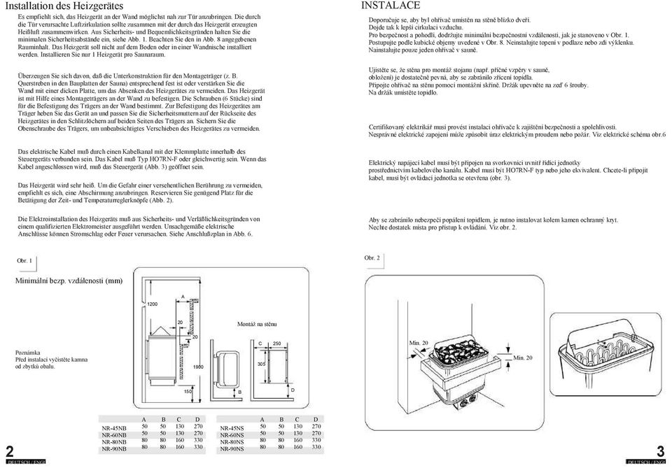Aus Sicherheits- und Bequemlichkeitsgründen halten Sie die minimalen Sicherheitsabstände ein, siehe Abb. 1. Beachten Sie den in Abb. 8 angegebenen Rauminhalt.