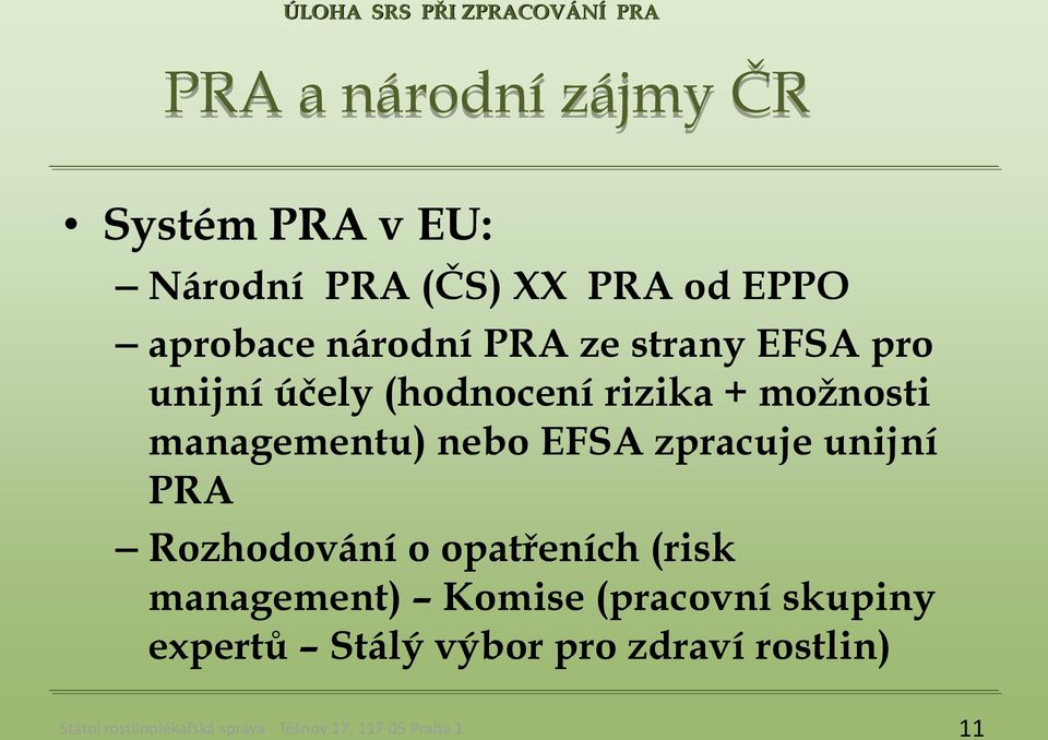 managementu) nebo EFSA zpracuje unijní PRA Rozhodování o opatřeních