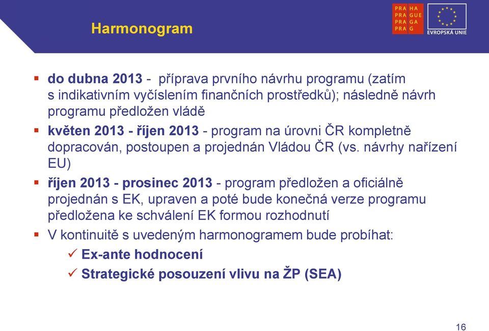 návrhy nařízení EU) říjen 2013 - prosinec 2013 - program předložen a oficiálně projednán s EK, upraven a poté bude konečná verze programu