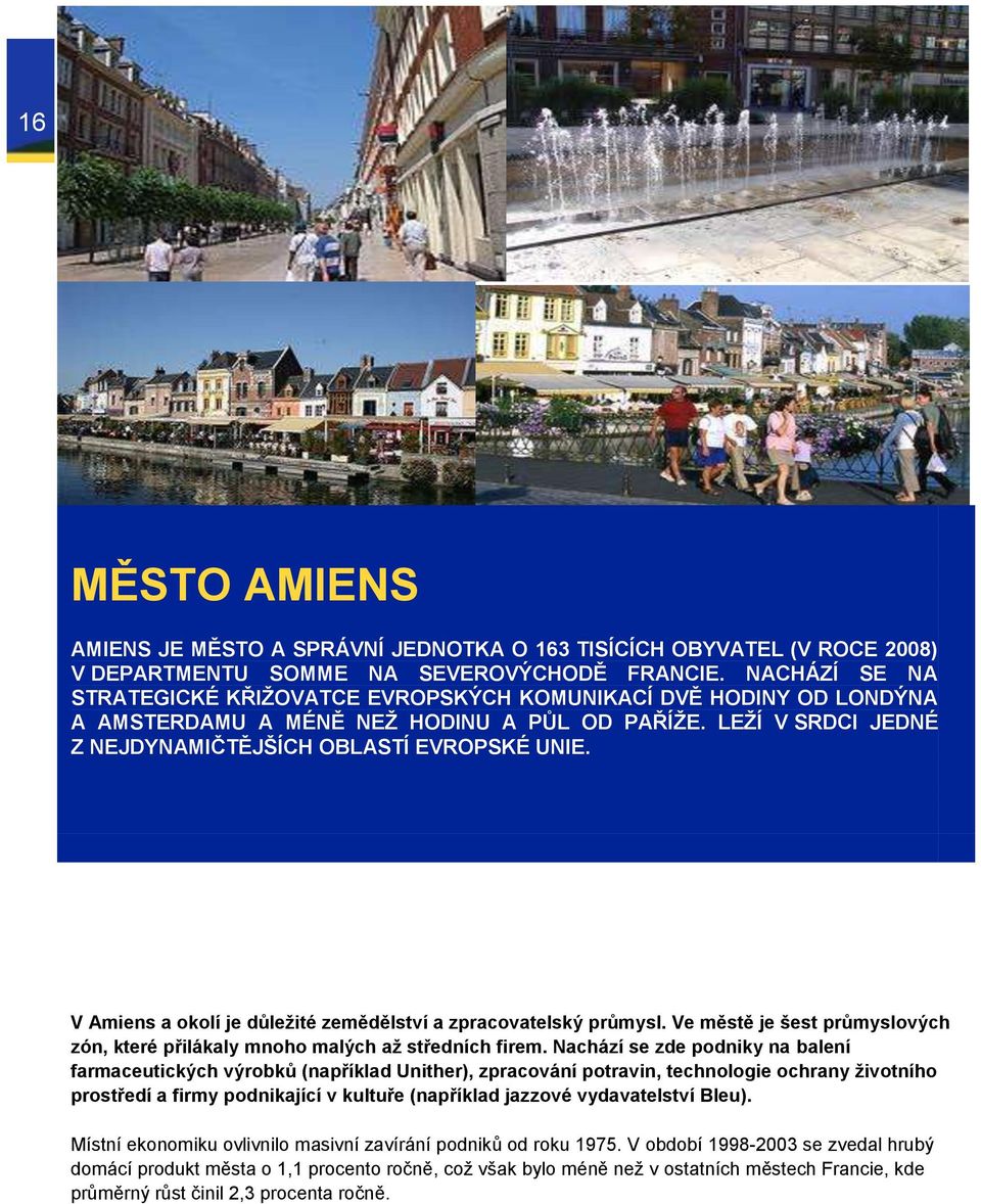 V Amiens a okolí je důleţité zemědělství a zpracovatelský průmysl. Ve městě je šest průmyslových zón, které přilákaly mnoho malých aţ středních firem.
