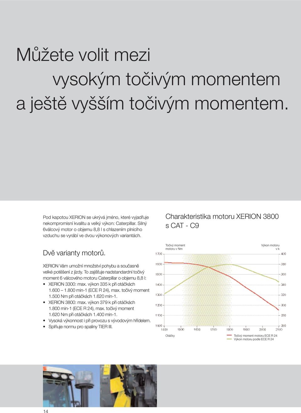 XERION Vám umožní množství pohybu a současně velké potěšení z jízdy. To zajišťuje nadstandardní točivý moment 6 válcového motoru Caterpillar o objemu 8,8 l: XERION 3300: max.