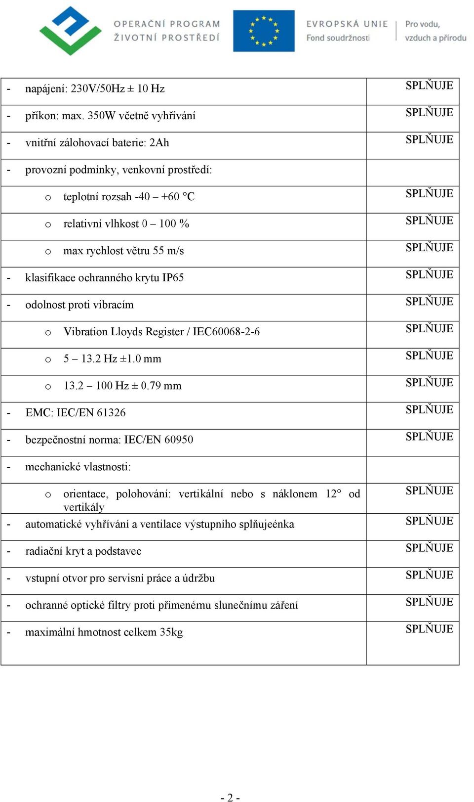 klasifikace chrannéh krytu IP65 - dlnst prti vibracím Vibratin Llyds Register / IEC60068-2-66 5 13.2 Hz ±1.0 mm 13.2 100 Hz ± 0.