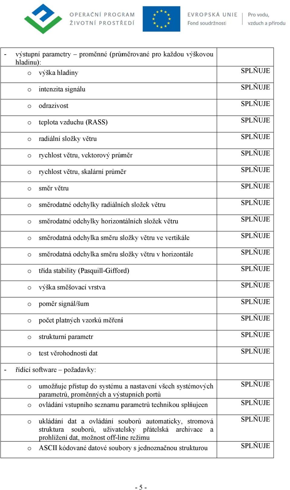 hrizntálee třída stability (Pasquill-Giffrd) výška směšvací vrstva pměr signál/šum pčet platných vzrků měřeníí strukturní parametr test věrhdnsti dat - řídící sftware pžadavky: umžňuje přístupp d