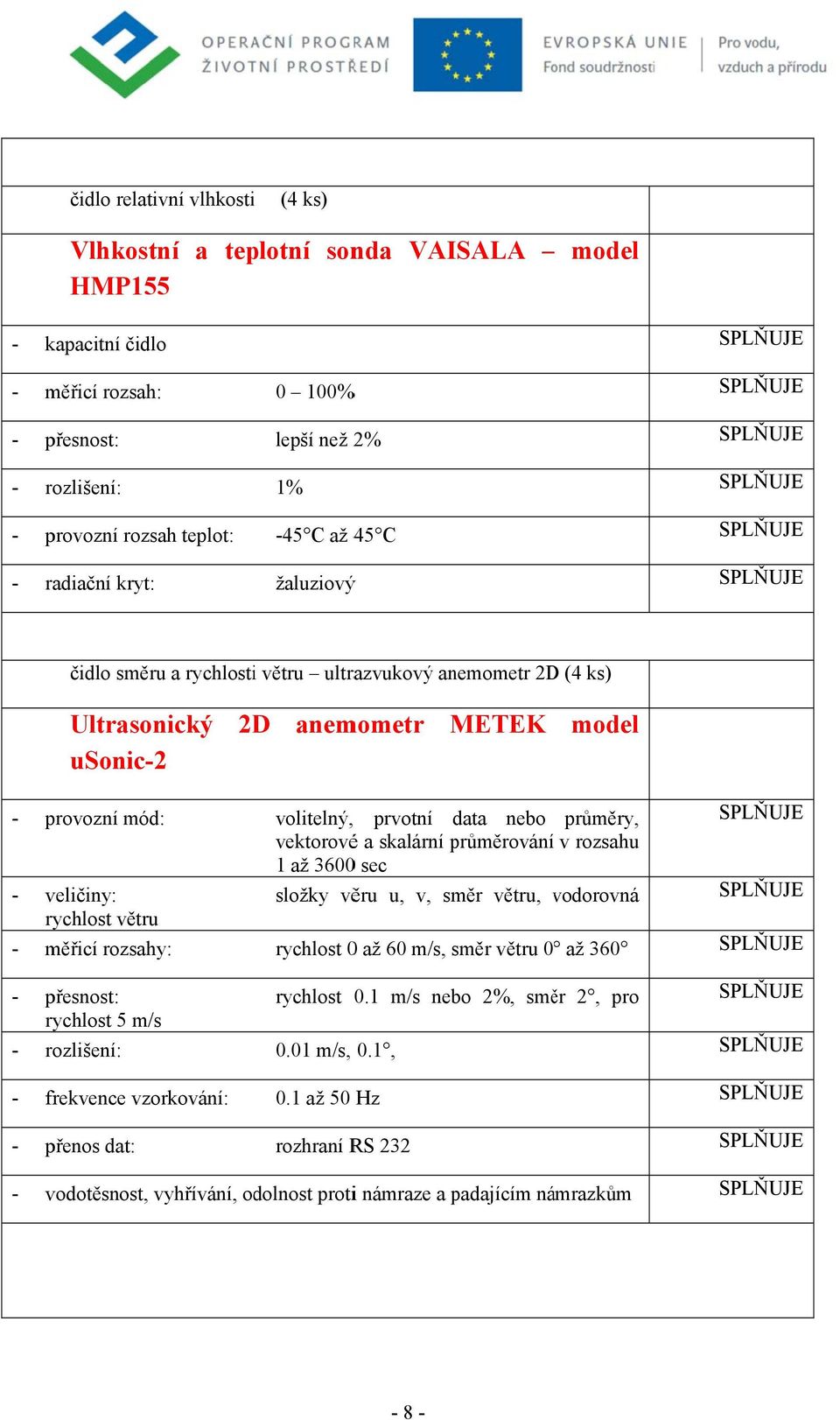 přesnst: rychlst 5 m/ s - rzlišení: - frekvence vzrkvání: - přens dat: vlitelný, prvtní data neb průměry, vektrvéé a skalární průměrvání v rzsahu 1 až 36000 sec slžky věru u, v, směr větru,
