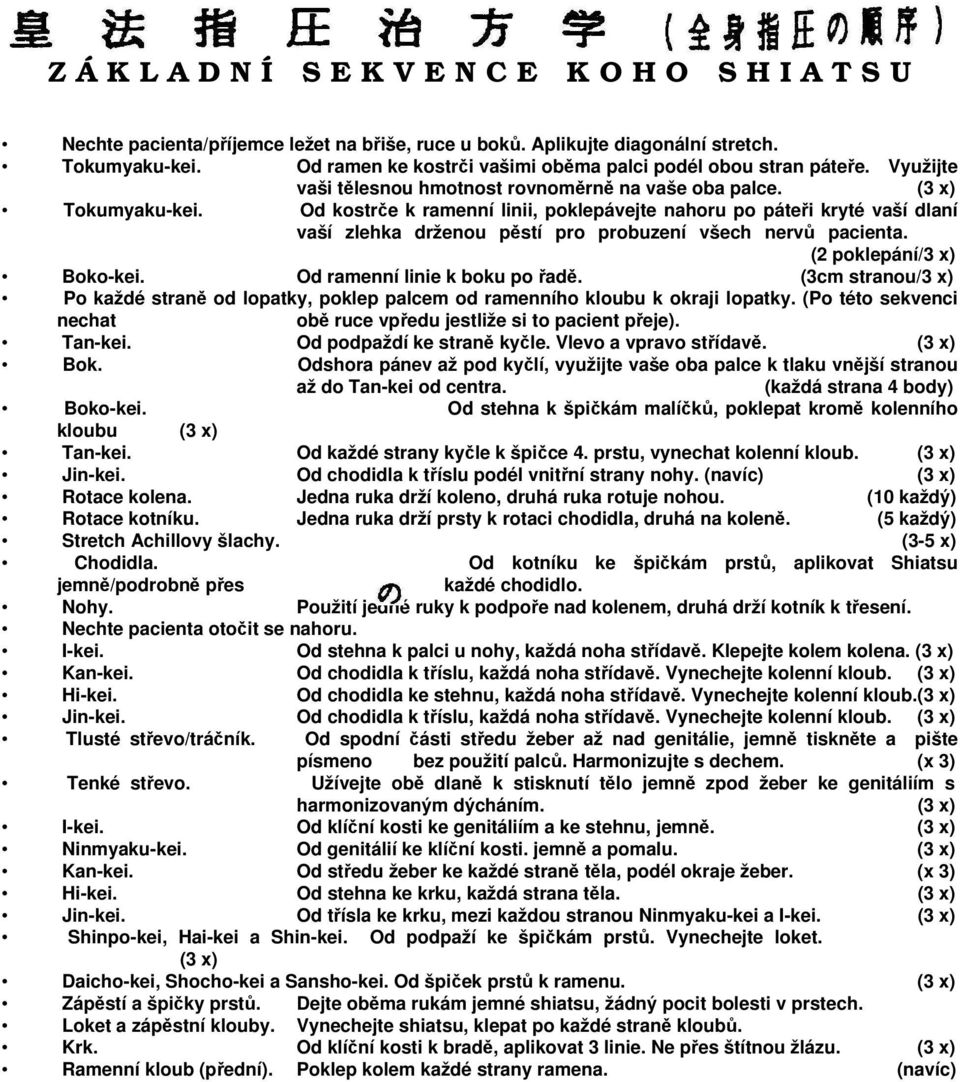 Od kostrče k ramenní linii, poklepávejte nahoru po páteři kryté vaší dlaní vaší zlehka drženou pěstí pro probuzení všech nervů pacienta. (2 poklepání/3 x) Boko-kei. Od ramenní linie k boku po řadě.