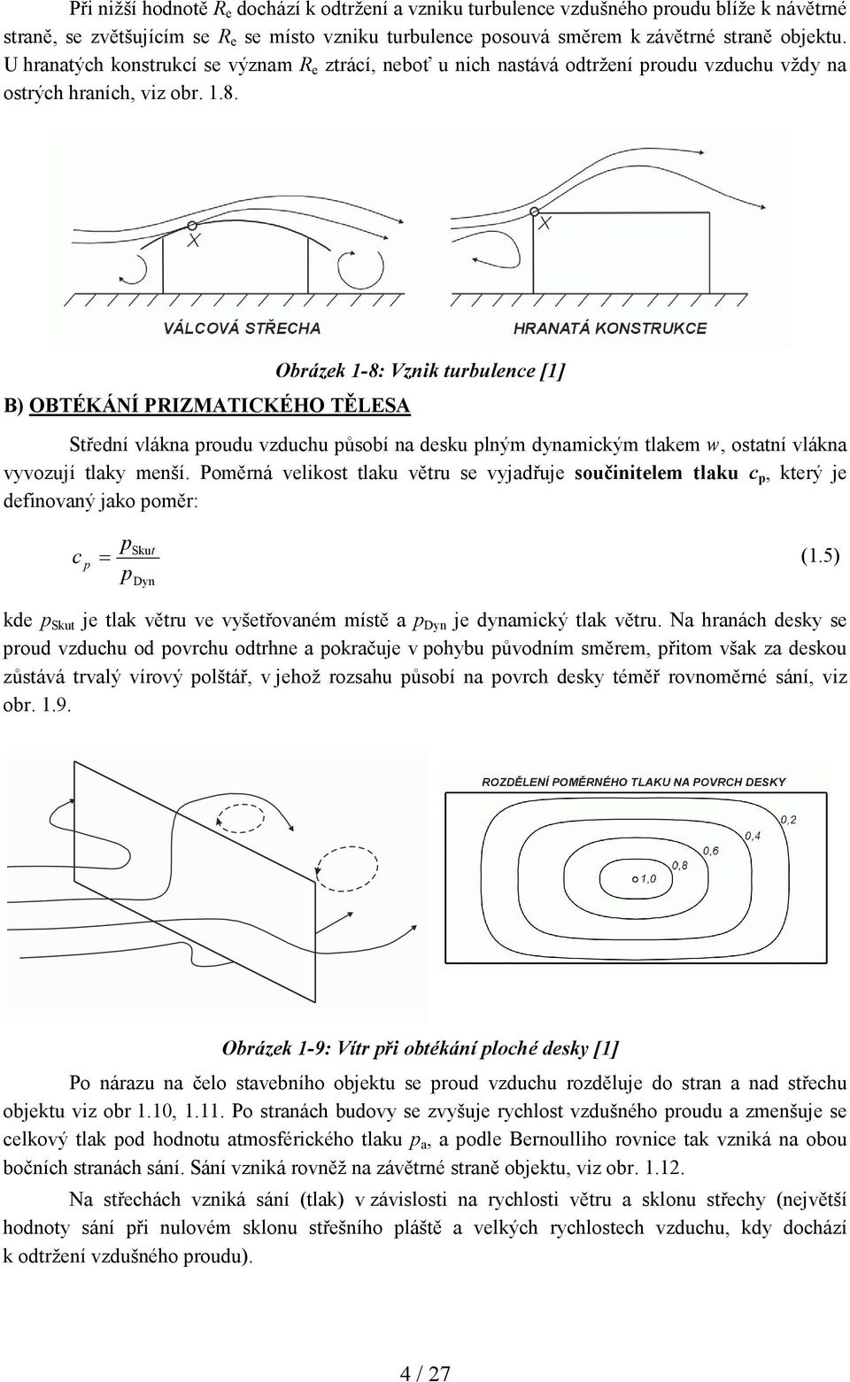 B) OBTÉKÁ Í PRIZMATICKÉHO TĚLESA Střední vlákna proudu vzduchu půsoí na desku plným dynamickým tlakem w, ostatní vlákna vyvozují tlaky menší.