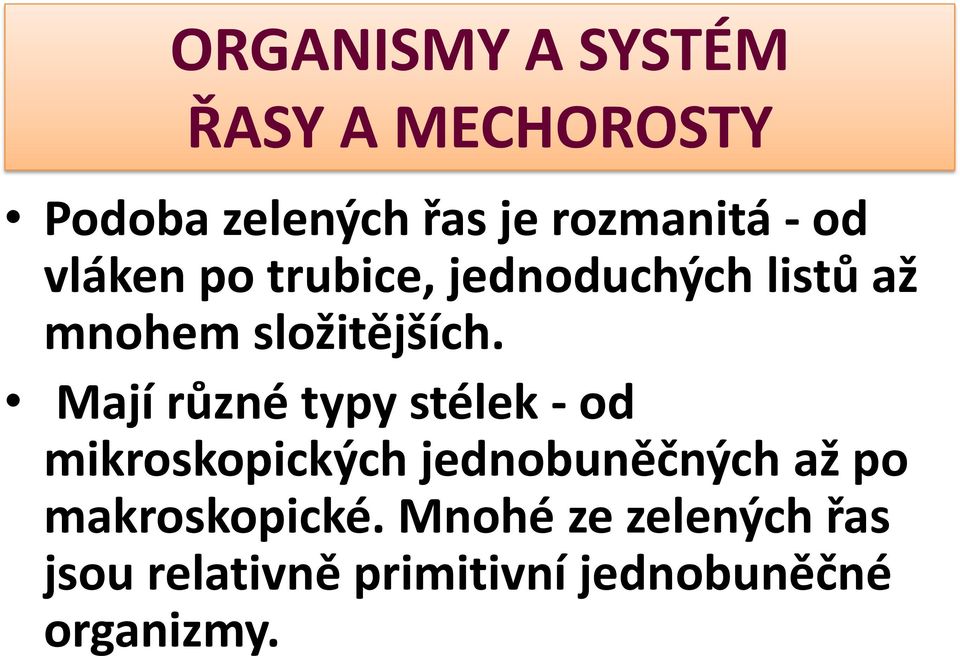 Mají různé typy stélek - od mikroskopických jednobuněčných až