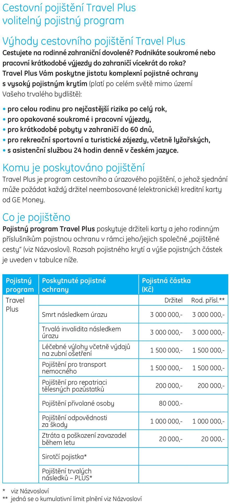 Travel Plus Vám poskytne jistotu komplexní pojistné ochrany s vysoký pojistným krytím (platí po celém světě mimo území Vašeho trvalého bydliště): pro celou rodinu pro nejčastější rizika po celý rok,