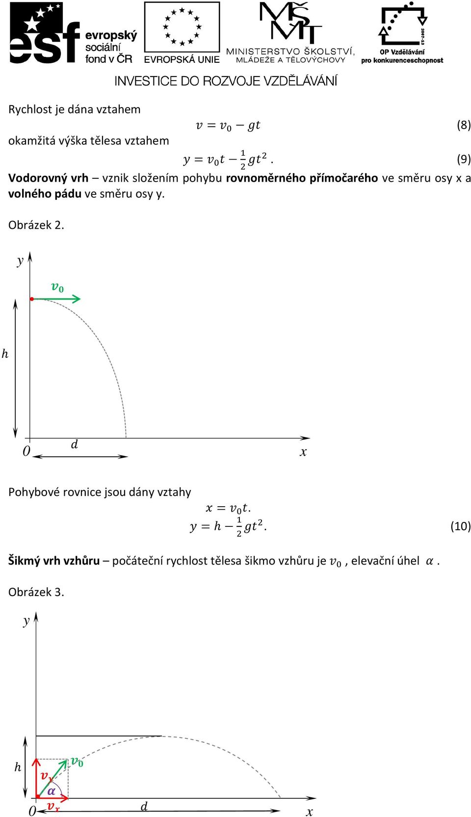 pádu ve směru osy y. Obrázek 2. y h 0 2 x Pohybové rovnice jsou dány vztahy /=+, -..=h -.