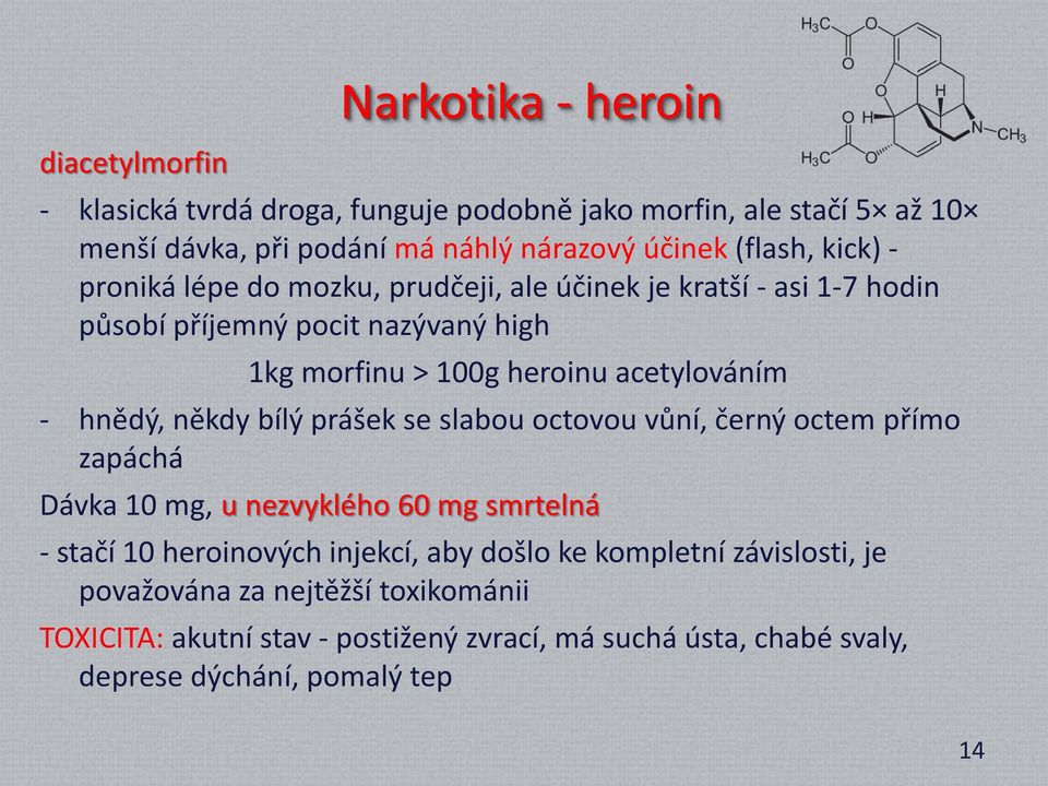 acetylováním - hnědý, někdy bílý prášek se slabou octovou vůní, černý octem přímo zapáchá Dávka 10 mg, u nezvyklého 60 mg smrtelná - stačí 10 heroinových