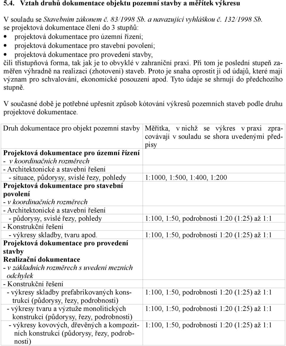 forma, tak jak je to obvyklé v zahraniční praxi. Při tom je poslední stupeň zaměřen výhradně na realizaci (zhotovení) staveb.