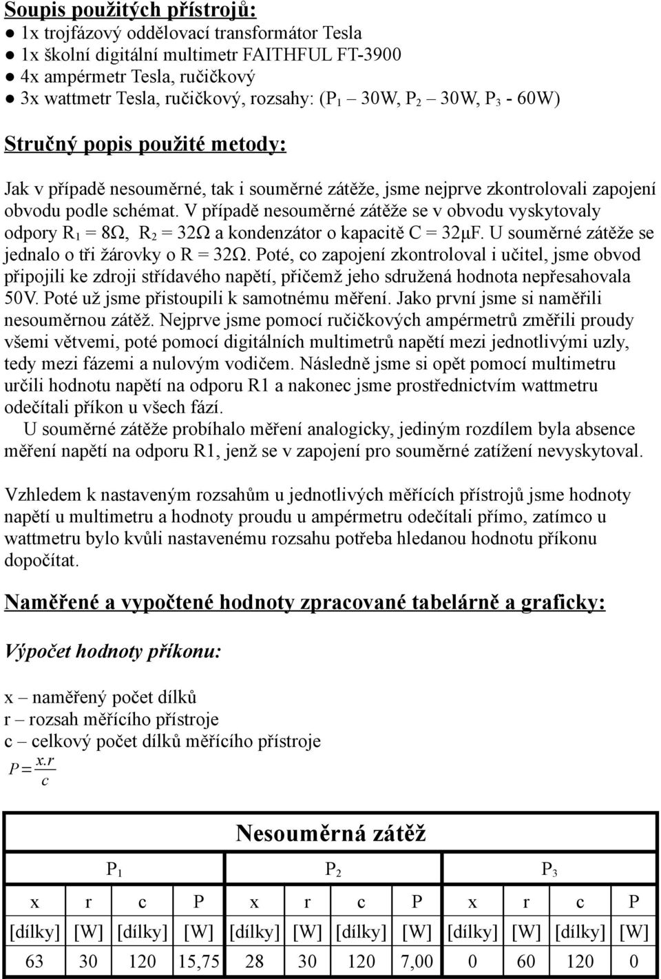 V případě nesouměrné zátěže se v obvodu vyskytovaly odpory R 1 = 8Ω, R 2 = 32Ω a kondenzátor o kapacitě C = 32μF. U souměrné zátěže se jednalo o tři žárovky o R = 32Ω.