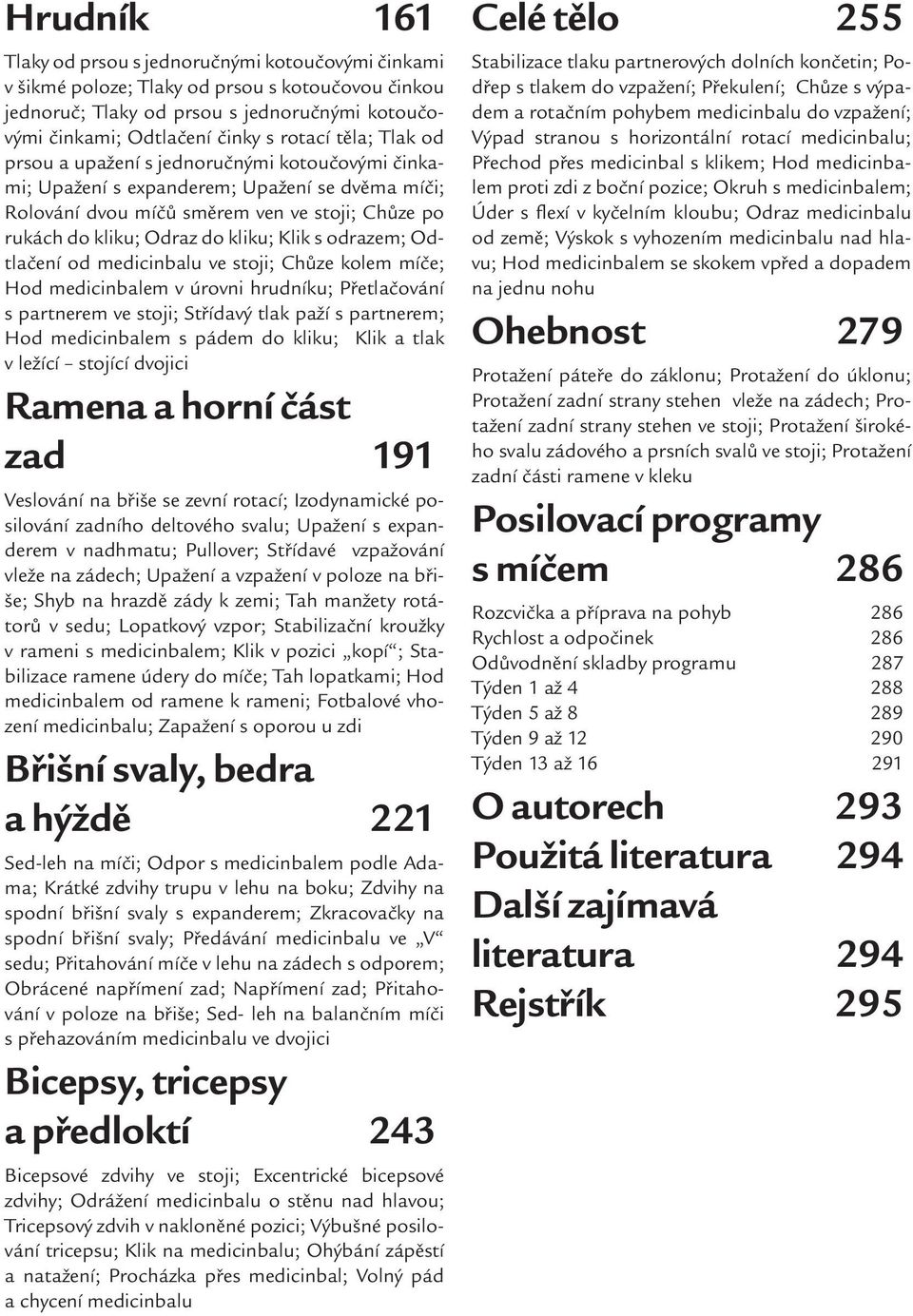 odrazem; Odtlačení od medicinbalu ve stoji; Chůze kolem míče; Hod medicinbalem v úrovni hrudníku; Přetlačování s partnerem ve stoji; Střídavý tlak paží s partnerem; Hod medicinbalem s pádem do kliku;