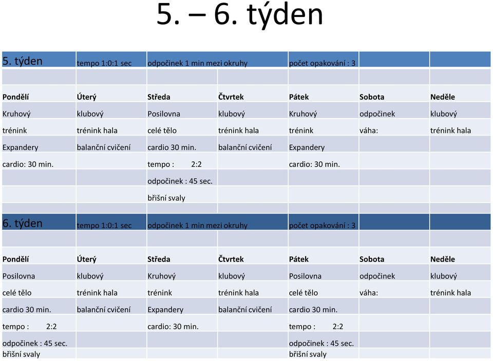 celé tělo trénink hala trénink váha: trénink hala Expandery balanční cvičení cardio 30 min. balanční cvičení Expandery cardio: 30 min. tempo : 2:2 cardio: 30 min. odpočinek : 45 sec. břišní svaly 6.