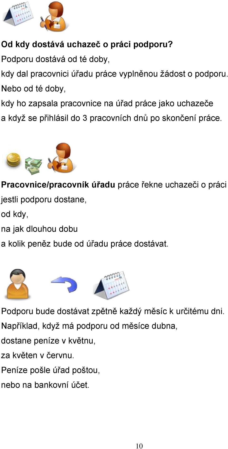 Pracovnice/pracovník úřadu práce řekne uchazeči o práci jestli podporu dostane, od kdy, na jak dlouhou dobu a kolik peněz bude od úřadu práce dostávat.