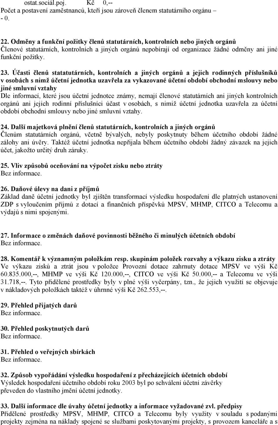 Účasti členů statatutárních, kontrolních a jiných orgánů a jejich rodinných příslušníků v osobách s nimž účetní jednotka uzavřela za vykazované účetní období obchodní mslouvy nebo jiné smluvní vztahy