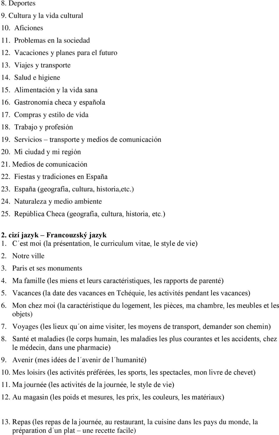 Medios de comunicación 22. Fiestas y tradiciones en España 23. España (geografía, cultura, historia,etc.) 24. Naturaleza y medio ambiente 25. República Checa (geografía, cultura, historia, etc.) 2. cizí jazyk Francouzský jazyk 1.