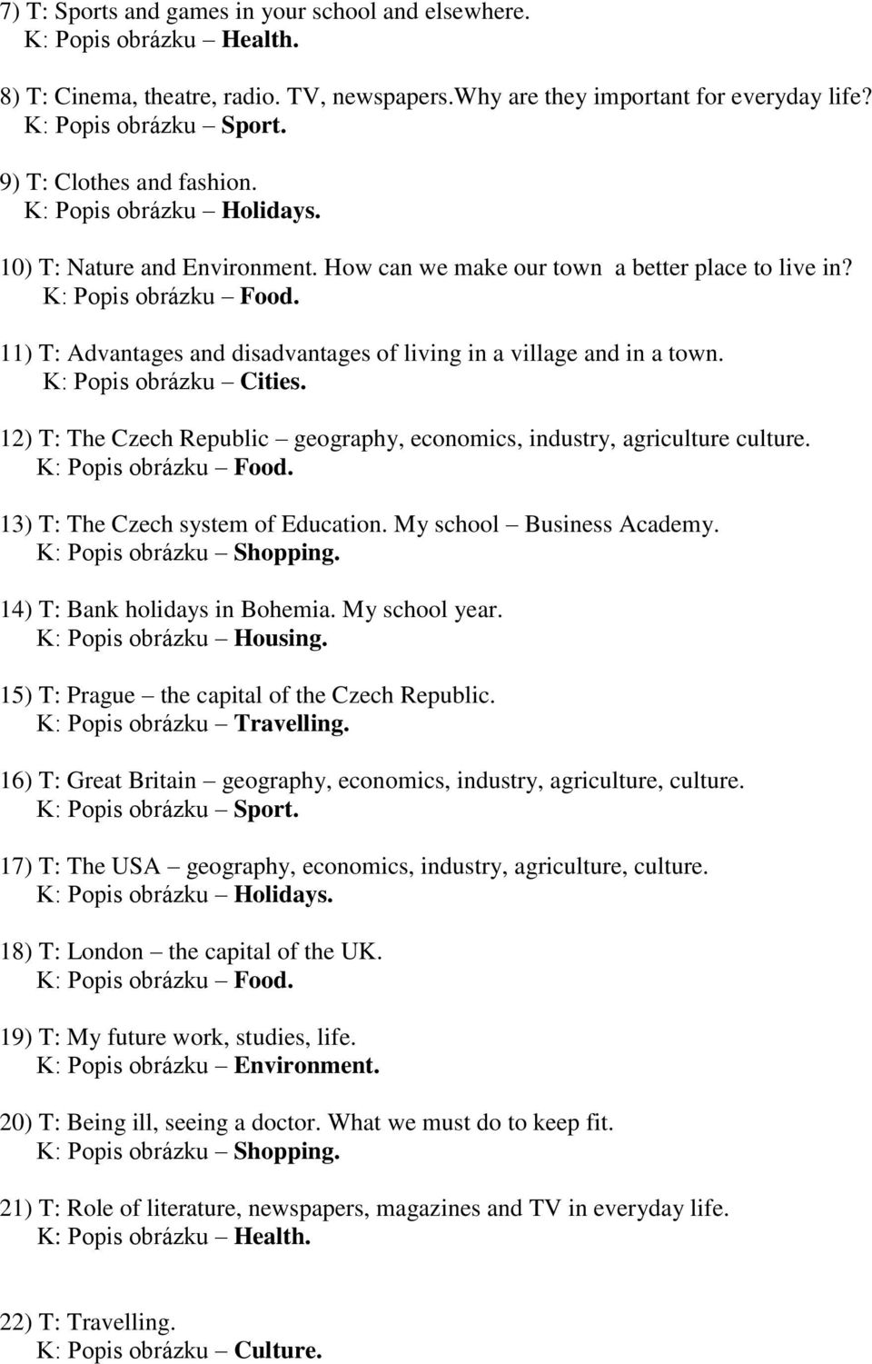11) T: Advantages and disadvantages of living in a village and in a town. K: Popis obrázku Cities. 12) T: The Czech Republic geography, economics, industry, agriculture culture. K: Popis obrázku Food.