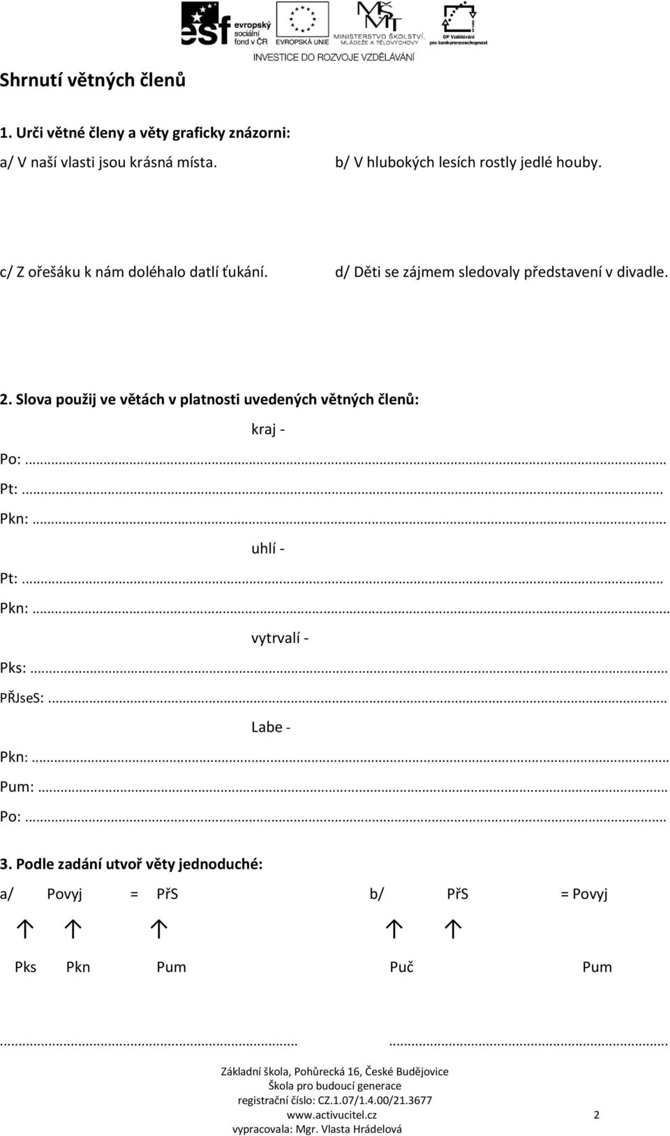 d/ Děti se zájmem sledovaly představení v divadle. 2. Slova použij ve větách v platnosti uvedených větných členů: kraj - Po:... Pt:.