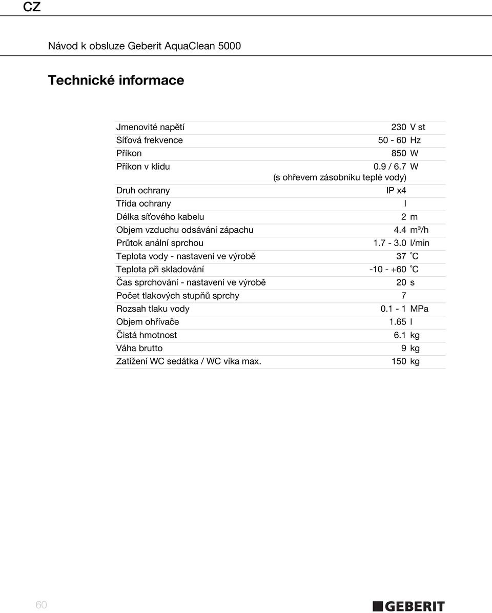 4 m³/h Průtok anální sprchou 1.7-3.