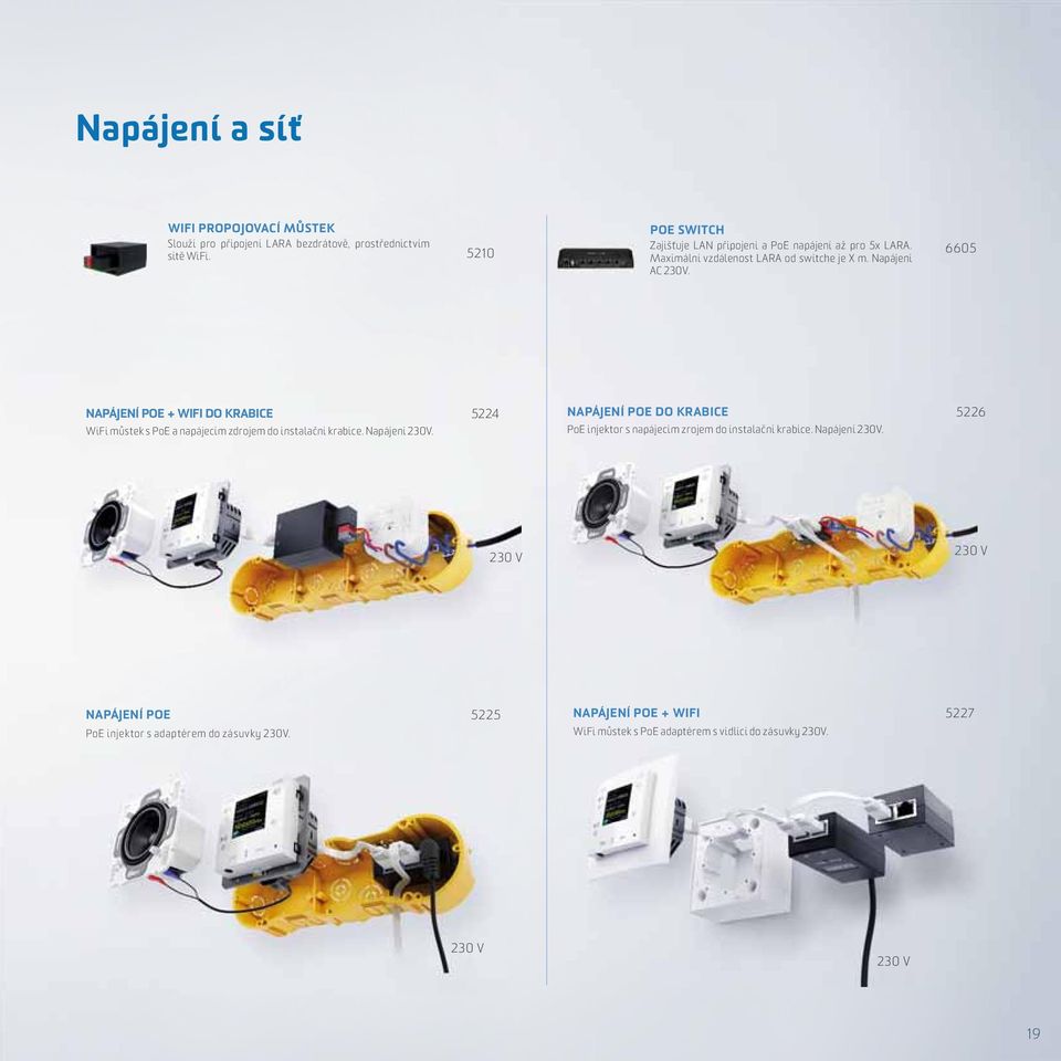 NAPÁJENÍ POE + WIFI DO KRABICE 5224 NAPÁJENÍ POE DO KRABICE 5226 WiFi můstek s PoE a napájecím zdrojem do instalační krabice. Napájení 230V.